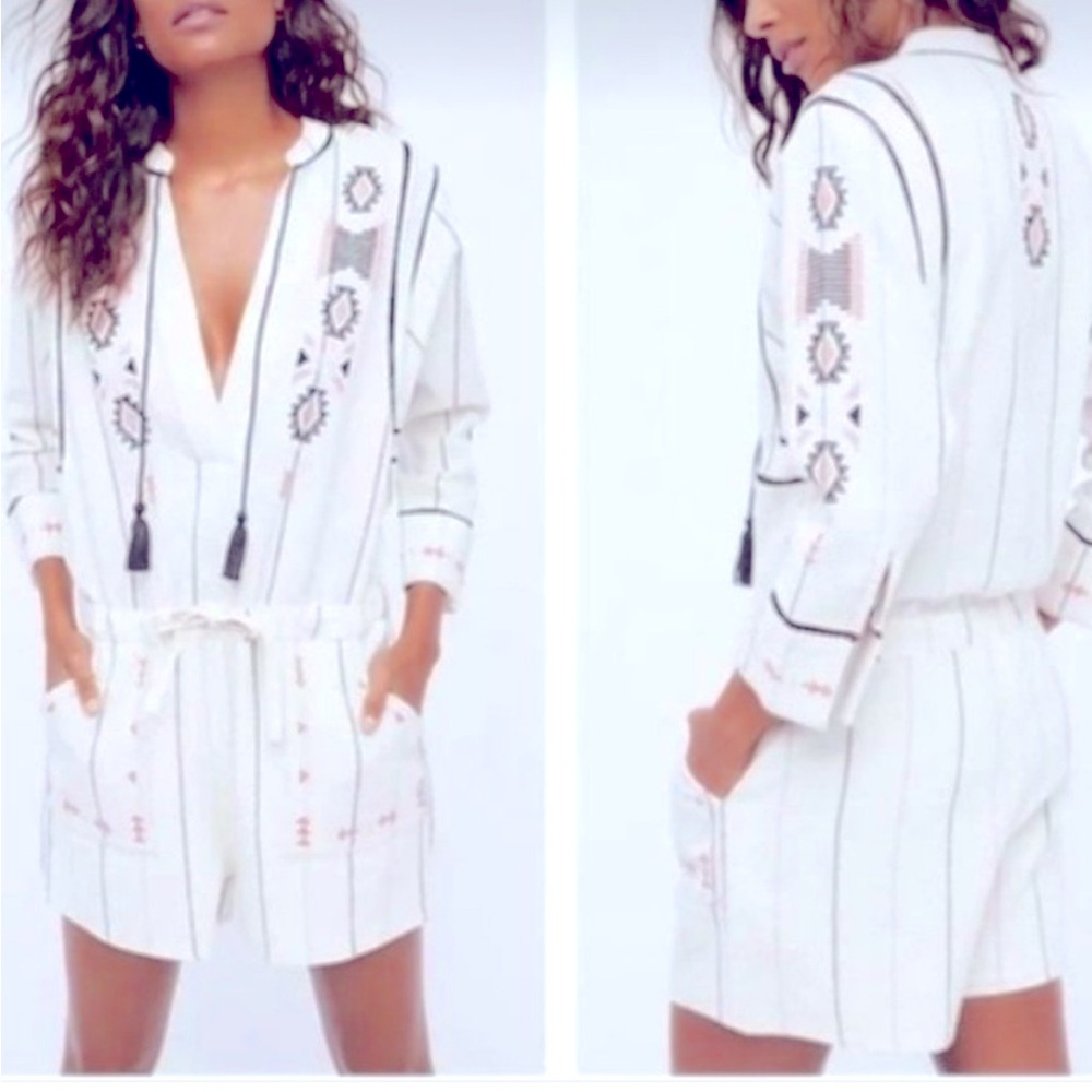 Free People Aztec Romper Womens Medium Baja Shorts Ivory Embroidered Festival